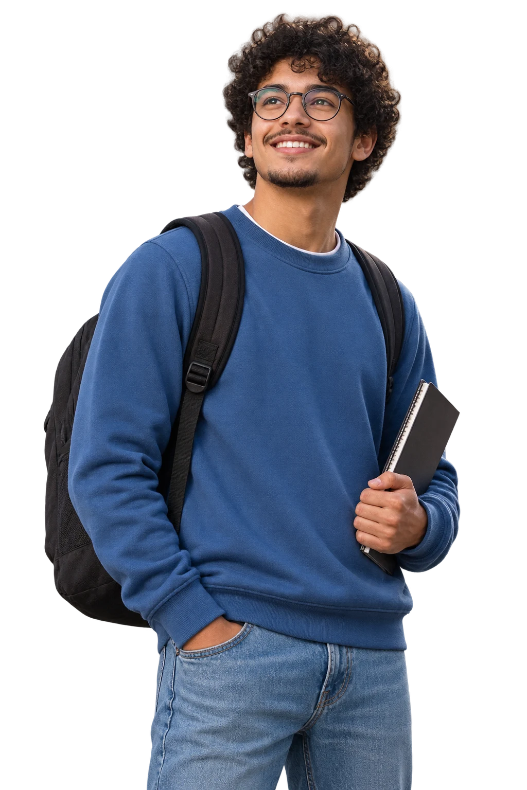 Estudante com notebook olhando para o futuro
