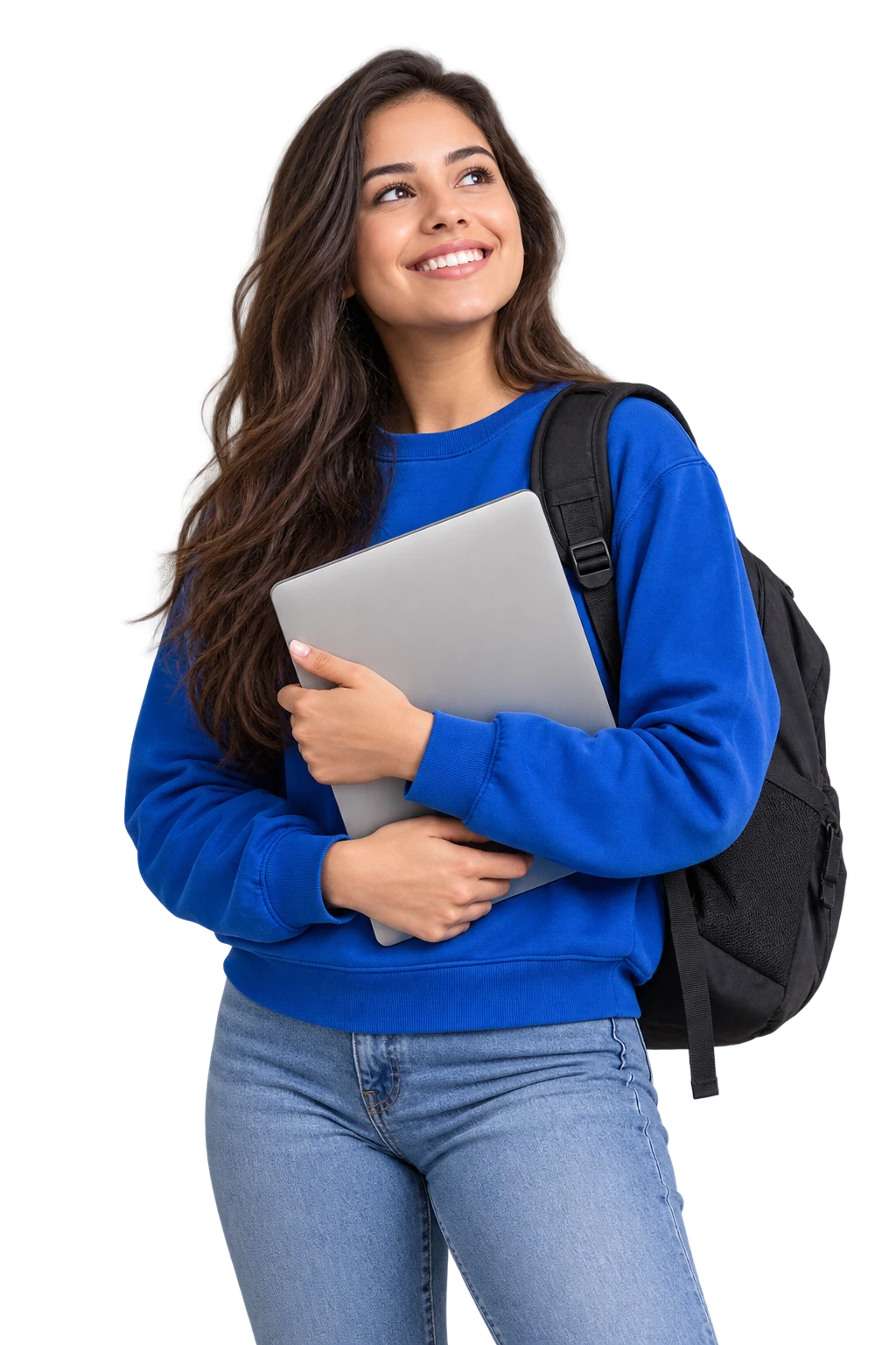 Estudante sorrindo com seu notebook